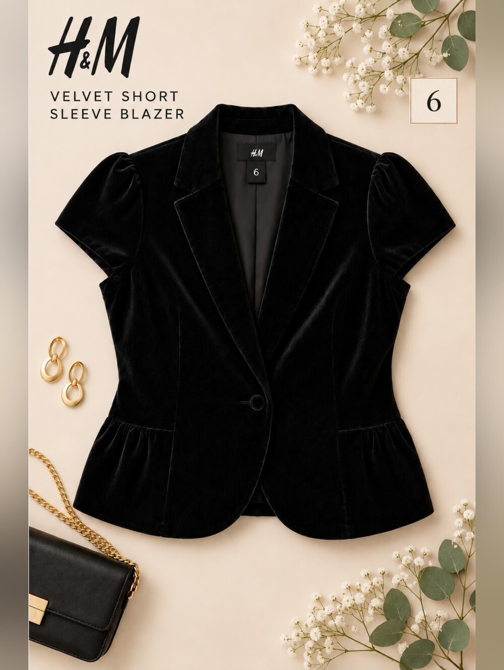 EUC H&M Black Velvet Short-Sleeve Blazer, Size 6 Slim Fit